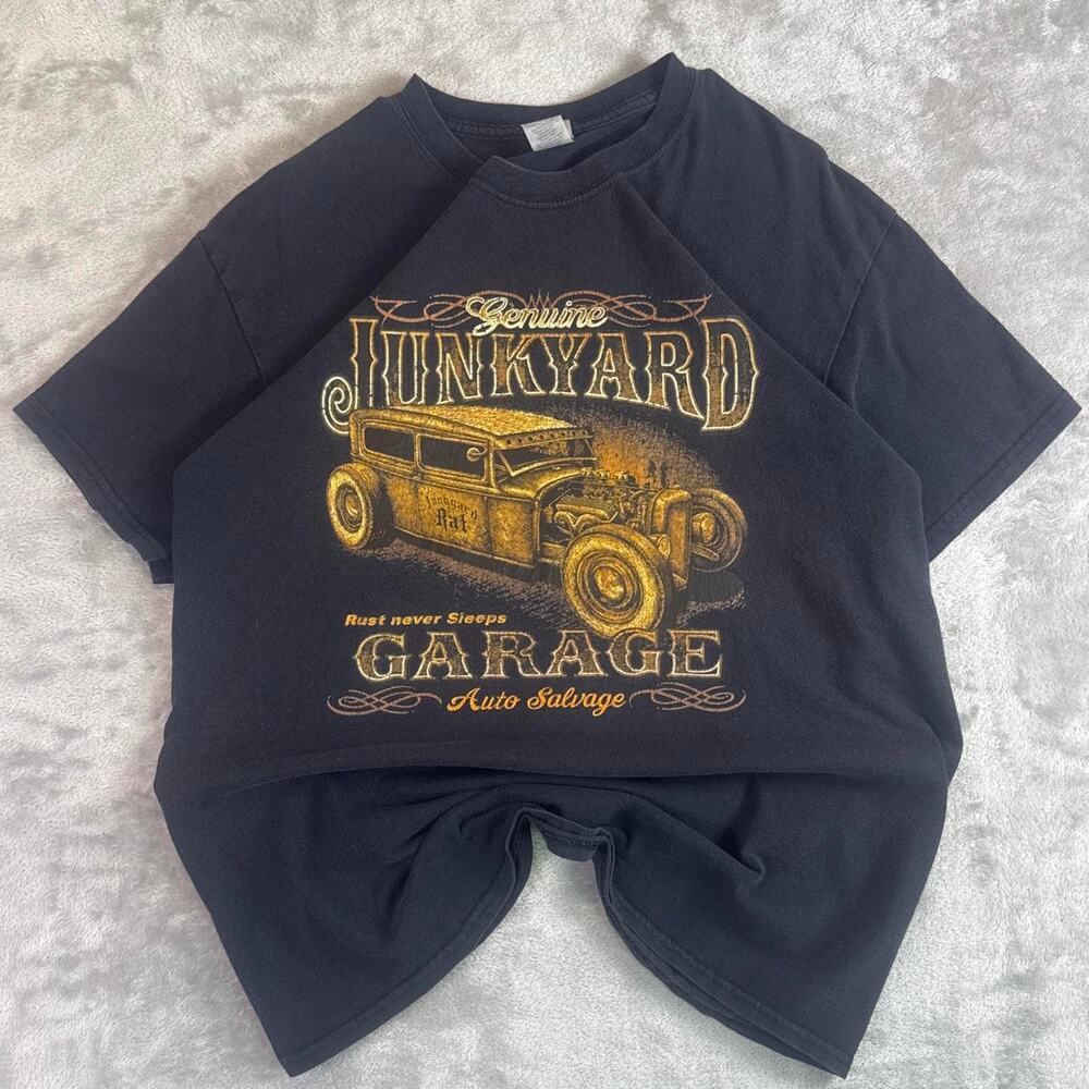 Y2K Junkyard Garage Rat Rod Graphic T Shirt Black Auto Salvage Size Large